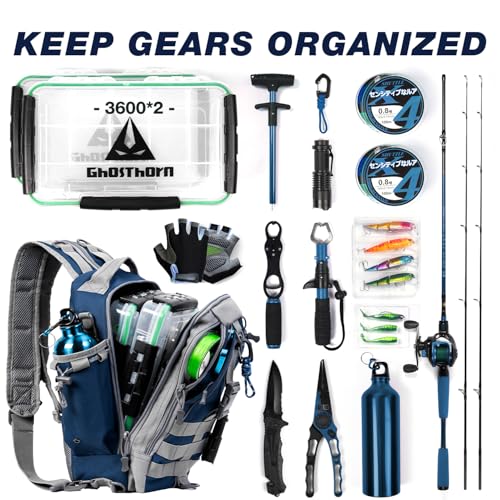 Ghosthorn Fishing Backpack with Tackle Boxes Fish Lip Gripper Pliers Lures Waterproof Tackle Bag with Rod Holder Fishing Gear - color: Blue, size: Standard