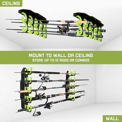 Hikeen Fishing Rod Holders, Fishing Pole Holders for Garage, Wall or Ceiling Mounted Fishing Rod Rack Holds Up to 10 Rods（1 Pack） - style: Green-1Pack