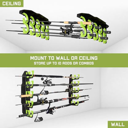 Hikeen Fishing Rod Holders, Fishing Pole Holders for Garage, Wall or Ceiling Mounted Fishing Rod Rack Holds Up to 10 Rods(2 Pack) - style: Green-2Pack
