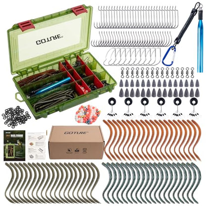 Goture 353PCS Wacky Worm Fishing Lure Kit, Bass Fishing Wacky Rig Tool Kit with Soft Plastics Lures, O-Rings, Offset Worm Hooks, Drop Shot Hooks, Beads, Sinker Weights, 3600 Tackle Box, Gifts of Men - color: A:353pcs Fishing Lures Kit