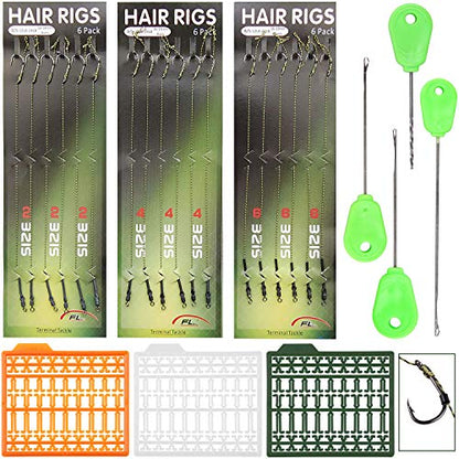 Carp Fishing Hair Rigs Kit,18pcs Braided Thread Boilies Carp Rigs with 3 Extender Boilie Bait Stops and Stringer Needle - color: 18pcs Carp Rigs +3 Boilie Bait Stops+4 Bait Needle