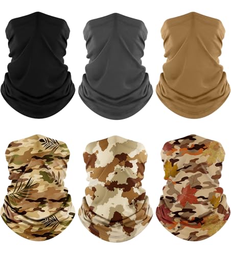 Fuinloth Neck Gaiter, 6 Pack Cooling UV Protection Bandana Face Mask Gator | Breathable Sweat Wicking, UPF 50, Sun Wind Dust Shield, Quick Dry & Washable, 95% Polyester 5% Spandex - color: Black+gray+sand+jungle Leaf+sand Camo+maple
