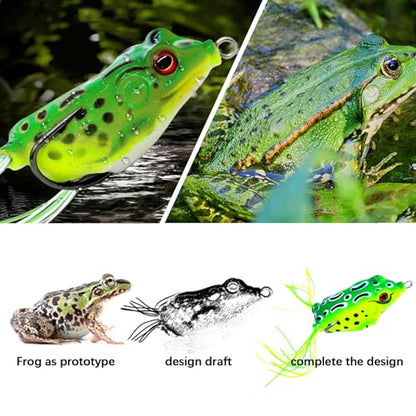 5Pcs Topwater Frog Lures Sets with Bait Box Ray Frog Topwater Fishing Crankbait Lures, for sea bass Snakehead Fish, Frog Soft Bait unaffected by Weed barriers