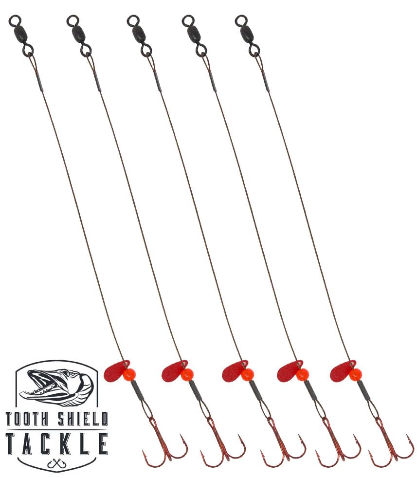 Tooth Shield Tackle Ice Fishing Tip Up Leader Rig (90 lb) Ice Fishing Sucker Walleye Pike Musky Predator Rig (5 Pack) (Camo/Red Bead/Flipper) Made in the USA - size: Hook Size: 1