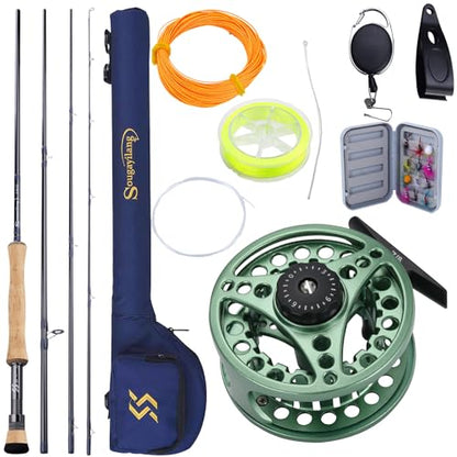 Sougayilang 5/6 Weight 9ft Fly Rod, 4-Piece Graphite Rod, Die Cast Aluminum Reel, Carrying Case, Fly Box & Fishing Flies Combo Starter Kit - color: Fly Fishing Combo #8-Green