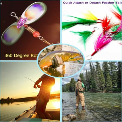 Aboda Rooster Tail Fishing Lures Kit, 10 Spinnerbaits w 16 Attachable Rooster Tails in 8 Colors, Fishing Lures for Bass Salmon Trout and Crappie - size: 1/16 oz Set