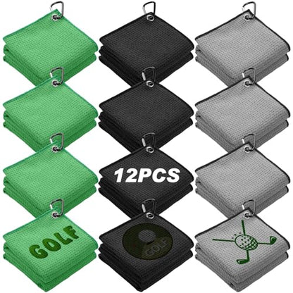 Batiyeer 12 Pcs Golf Towel Bulk for Golf Bags Microfiber Fabric Towel with Clip Waffle Pattern, Fitness, Camping, Hiking, Yoga - color: Black, Gray, Green