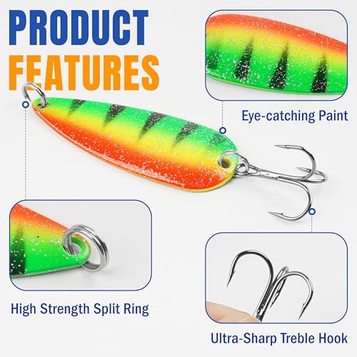 Fishing Spoons Lures Trout Spoons Fishing Lure Metal Jigging Trout Lures Casting Trolling Spoons with Durable Treble Hooks for Trout Bass Pike Walleye Crappie Salmon - size: 1/8oz(3.5g)-5pcs
