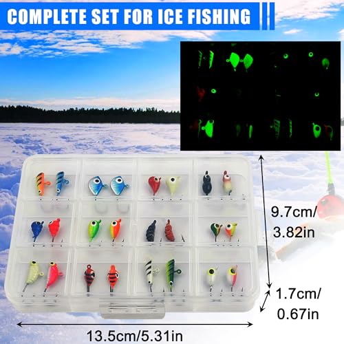 Ice Fishing Jig Kits,Luminous Ice Fishing Lures Micro Jig Head Hooks Fish Gear Tackle Accessories Winter Fishing Jigging for Crappie Pike Panfish Walleye Perch Bluegill - color: Colorful - 24pcs
