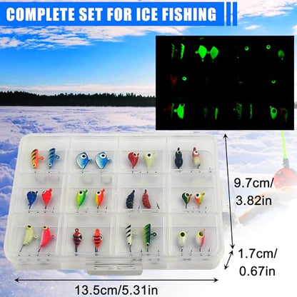 Ice Fishing Jig Kits,Luminous Ice Fishing Lures Micro Jig Head Hooks Fish Gear Tackle Accessories Winter Fishing Jigging for Crappie Pike Panfish Walleye Perch Bluegill - color: Colorful - 24pcs