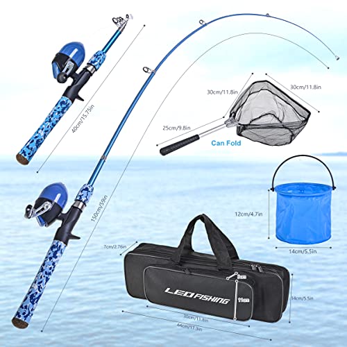 LEOFISHING Kids Fishing Pole Set with Full Starter Kits Portable Telescopic Fishing Rod and Spincast Reel with a Fishing Net and Bucket for Boys Girls and Youth - color: Blue and Orang
