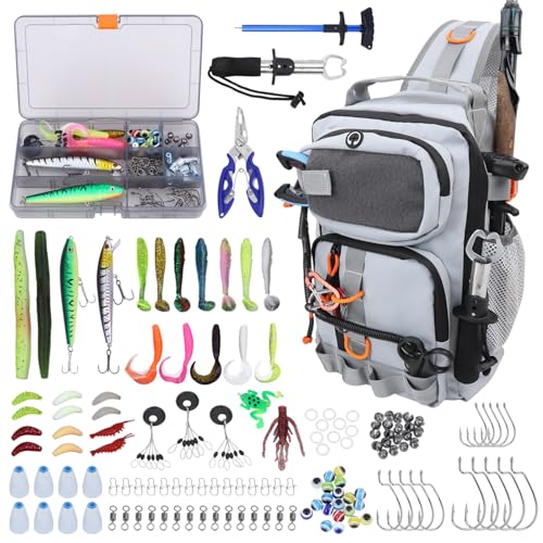 Fishing Backpack with Tackle Boxes,Waterproof Fishing Shoulder Bag with Rod Holder,Fish Bag with 136 Pcs Fishing Lures Kit,Fish Hook Remover Tool,Fish Lip Gripper,Fishing Plier,Gifts for Men (Gray) - color: Gray