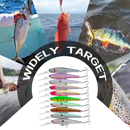OROOTL Minnow Jerkbait Fishing Lures, 10pcs Deep Diving Jerk Baits Kit Saltwater Trolling Lures Lifelike Swimbaits Hard Lure for Bass Trout Walleye Bluefish Saltwater Freshwater