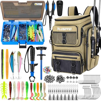 PLUSINNO Fishing Backpack with Tackle Boxes,Fishing Gear,42L Waterproof tackle Backpack with Rod Holders,Lures,Tools,Pliers & Accessories, Fish Gifts for Men - color: Khaki With Tools