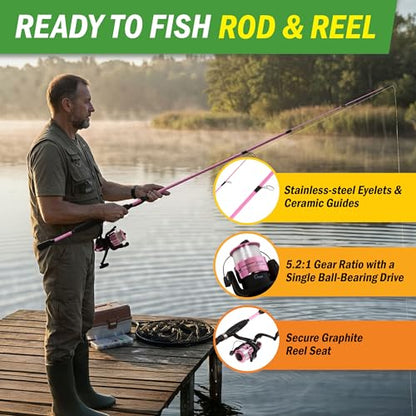 Fiberglass Fishing Pole - Strike Series 78-Inch Collapsible Rod and Spinning Reel Combo, EVA Handle, Pre-Spooled Reel, Fishing Gear for Catching Walleye, Bass, Trout, and More by Wakeman - color: Pink