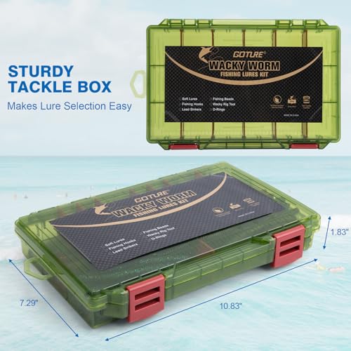 Goture Wacky Worm Fishing Lure Kit with Soft Plastics, Wacky Rig Tools, O-Rings, Worm & Drop Shot Hooks, Beads, Weights & Tackle Box - color: F:208pcs-(5" Soft Worm)&Tackle Box