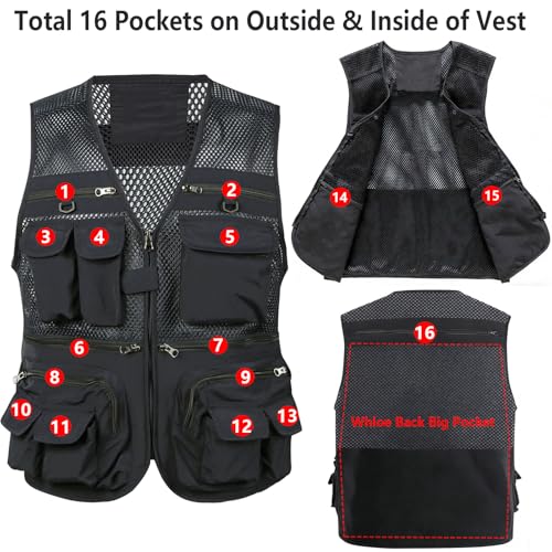 HUNTURE Fishing Vest,Pocket Vest and Hat Gloves Neck Gaiter Set for Men,Lightweight Utility Outerwear Vest - color: Black, size: XX-Large