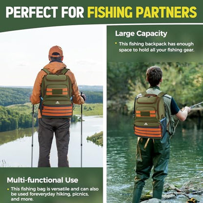 MATEIN Fishing Backpack Tackle Box, Tackle Backpack with Cooler for Men | Tackle Box Backpack, Fishing Bag with Rod Holders, Hold 4 3600 Tackle Boxes, Water Resistant, Gear Accessories, Fishing Gifts - color: Green & Orange & Blue