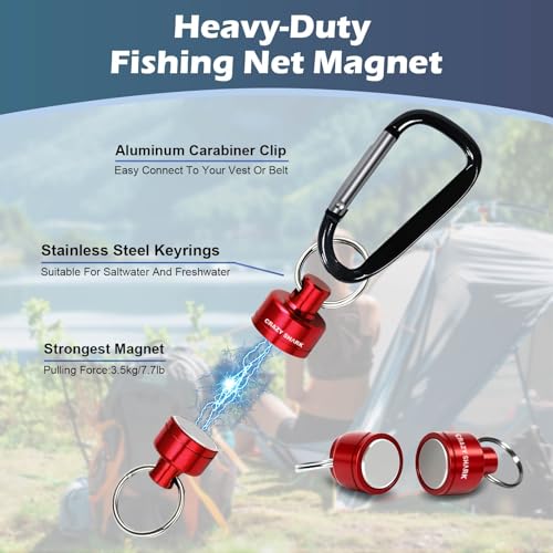 Magnetic Net Release for Fly Fishing, Aluminum Magnetic Quick Release Keychain, Fly Fishing Net Magnet Holder Retractor with Carabiner - color: red 2