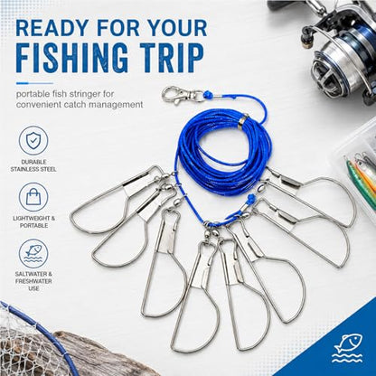 16ft Fishing Stringer,with 8 Stainless Steel Swivels & Ground Spike