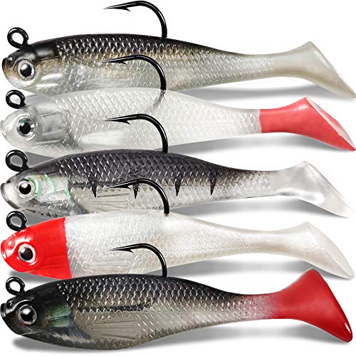 Soft Fishing Lures Shad Minnow Swimbaits, Pre-Rigged Jig Heads Paddle Tail Swim Baits for Bass, Trout, Walleye, Crappie, Sinking Jigs Bait for Saltwater Freshwater, Fishing Gifts for Men - color: A4-Weedness Pre Rigged Swim Baits-5pcs-3.15inch