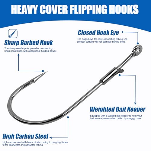 Fishing Worm Hooks - Heavy Cover Flipping Hooks with Bait Keeper Straight Shank Worm Hook Bass Fishing Drop Shot Hook Weedless Wacky Neko Rig Hooks Punching Pitching Bait Hooks Freshwater