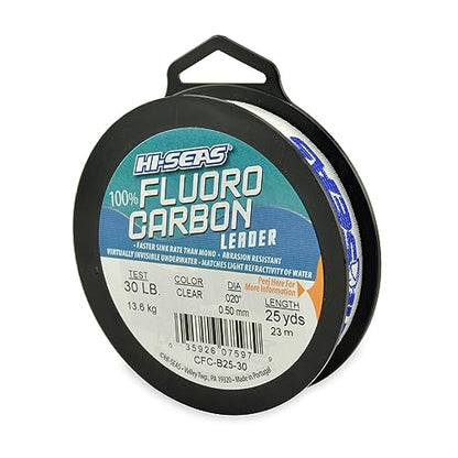HI-SEAS 100% FLUOROCARBON Fishing LINE Leader - Clear Invisible Leader UNDETECTABLE to Fish, Fast Sinking 6LB-400LB - style: 0.019 in / 0.50 Mm, 30 Lb, 25 Yd
