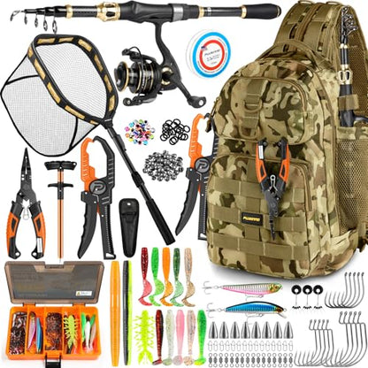 PLUSINNO Fishing Gear- Fishing Rod and Reel Combos, Fishing Backpack, Fishing Net, Fishing Bag with Rod Holders and Tackle Box for Freshwater/Saltwater, Fishing Gifts for Men - style: Khaki Backpack Tools With Rod&net