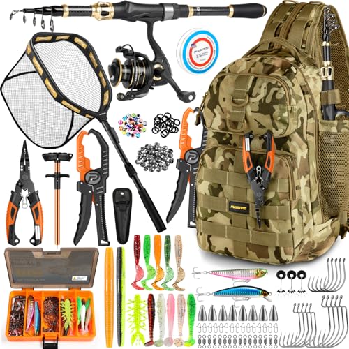 PLUSINNO Fishing Gear- Fishing Rod and Reel Combos, Fishing Backpack, Fishing Net, Fishing Bag with Rod Holders and Tackle Box for Freshwater/Saltwater, Fishing Gifts for Men - style: Khaki Backpack Tools With Rod&net