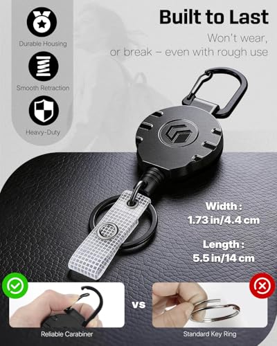 Uniclife Retractable Keychain Heavy Duty Carabiner Badge Holder Tactical ID Badge Reel for up to 8 oz with Stainless Steel Spring Coil 31.5 Inch Steel Wire Rope Retractable Lanyard Clip and Key Ring - color: Black, size: 1 Pack