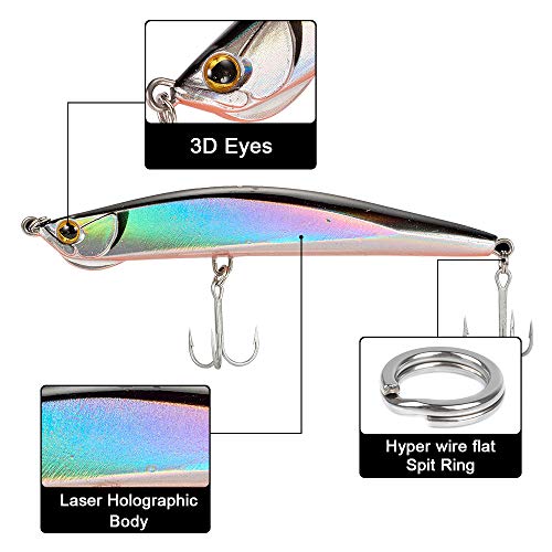 Dr.Fish Saltwater Fishing Lures Kit 5" Surf Fishing Sriper Saltwater Minnow Lures Mustad Hooks Jerkbait Popper Plugs Inshore Offshore Mackerel Tarpon Barracuda - color: Upgraded 6 Assorment