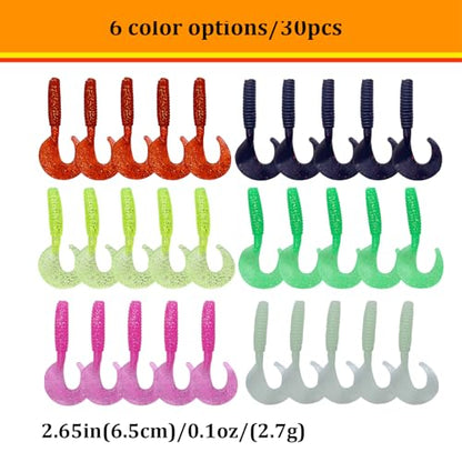 WOLFSKIN Soft Fishing Lures 36pcs Soft Plastic Baits Set Curly Tail Swimbaits with jig Head Hooks 6 Colors of Curly Tail Worms Grubs for Crap Bass Trout Walleye Freshwater Saltwater