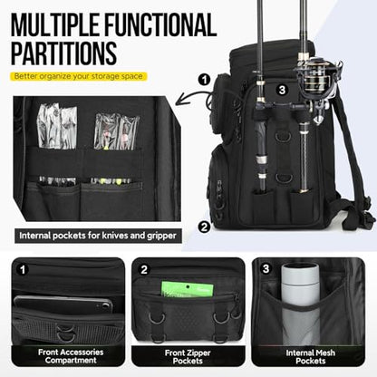 Fishing Backpack with Rod Holder, Durable Waterproof Fishing Bag, 42L Large Capacity Tackle Box Backpack (Black) - color: Black