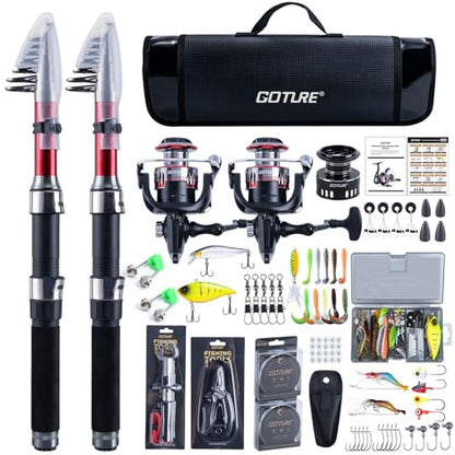Goture Fishing Rod and Reel Combos-2PCS 2.4M Telescopic Fishing Pole+2PCS Spinning Reels with Carrier Bag,Telescopic Rod Reel Kit for Starter Travel Saltwater Freshwater,Gifts for Men