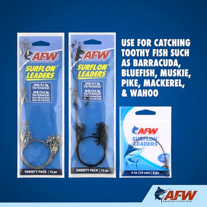AFW Surflon Fishing Leaders – Black Nylon Coated Stainless Steel Wire, Swivel & Snap, 3 Pack, Variety Pack – Strong Leader Line for Catfishing & Toothy Game Fish - size: 30 lb, style: 18 Inch