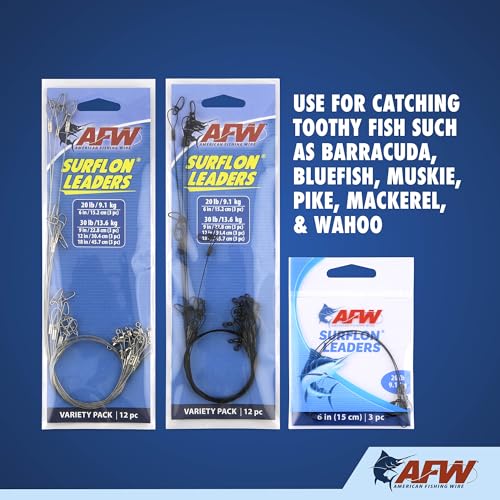 AFW Surflon Fishing Leaders – Black Nylon Coated Stainless Steel Wire, Swivel & Snap, 3 Pack, Variety Pack – Strong Leader Line for Catfishing & Toothy Game Fish - size: 20 lb, style: 18 Inch
