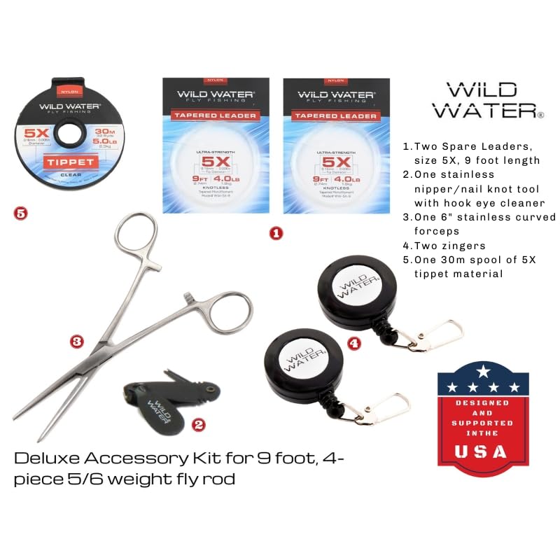 Wild Water Deluxe Fly Fishing Combo Starter Kit, 5 or 6 Weight 9 Foot Fly Rod, 4-Piece Graphite Rod with Cork Handle, Accessories, Die Cast Aluminum Reel, Carrying Case, Fly Box Case & Fishing Flies