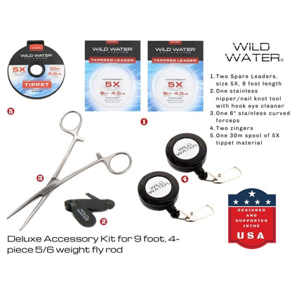 Wild Water Deluxe Fly Fishing Combo Starter Kit, 5 or 6 Weight 9 Foot Fly Rod, 4-Piece Graphite Rod with Cork Handle, Accessories, Die Cast Aluminum Reel, Carrying Case, Fly Box Case & Fishing Flies