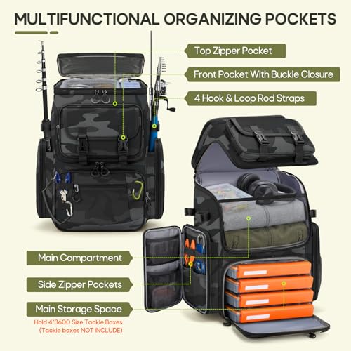 RAINSMORE Fishing Backpack, 45L Large Water-resistant Fishing Tackle Bag | with 4 Rod Holders & Insulated Cooler & Rain Cover Professional 900D Oxford Tackle Backpack for Men Gift Gray Camouflage - color: Grey Camouflage