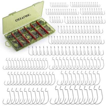 GOTURE 200Pcs Fishing Hooks Set with Tackle Box, 80D High Carbon Steel Offset Worm Hooks and Iseama Bait Hooks Assortment for Freshwater Saltwater Fishing - style: 200pcs - Offset & Iseama