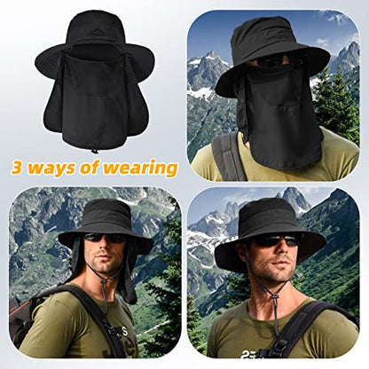 Fishing Hat for Men Sun Protection Hat with Removable Mesh Face Neck Flap Cover Windproof Strap for Men and Women - color: Black
