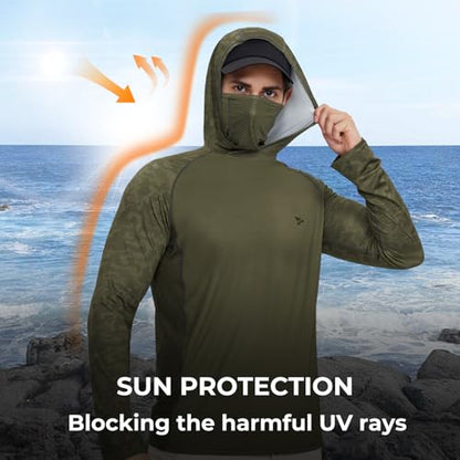 Rodeel UPF 50+ Men’s Long Sleeve Performance Fishing Hiking Shirt with Mask UV Neck Gaiter Hoodie - color: A2.3pack:blue,green,brown, size: Large