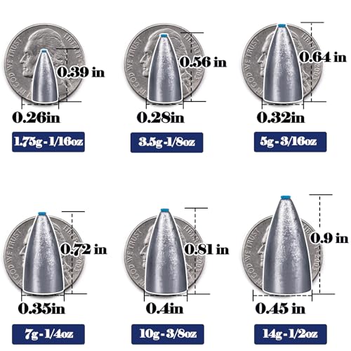 FishTrip Bullet Weights, Fishing Sinkers for Texas Rig Bass Fishing | Fishing Weights for Carolina Rig, Flipping Slip Sinker Sliding Weights Lead Fishing Weights Saltwater Freshwater 1/16oz-1/2oz - size: 1/8oz_3.5g_60pcs