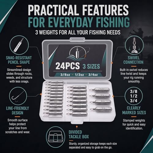 Pencil Drop Shot Weights, 24pcs/36pcs 3 Sizes/5 Sizes Lead Sinkers with Double Wire Loop Swivels, Heavy Rig Sinkers for Deep Water Bass Fishing, Freshwater Drop Shot Rig with Storage Box - size: 24 PCS/ 3 Sizes
