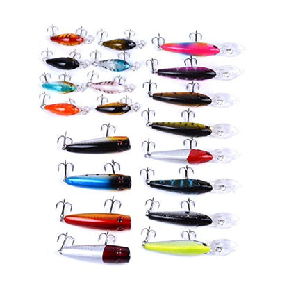Aorace Fishing Lures Kit Mixed Including Minnow Popper Crank Baits with Hooks for Saltwater Freshwater Trout Bass Salmon Fishing - color: Item-B 20pcs