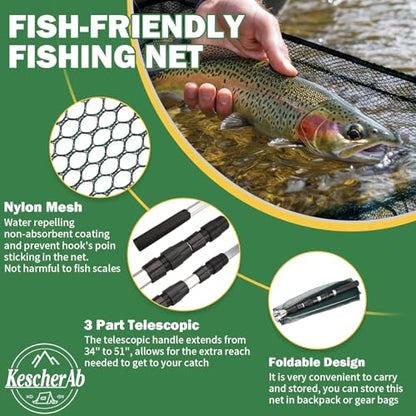 Fishing Net, Fishing Landing Net with Pole Handle, Collapsible Telescopic Fishing Gear Net, Extends to 21-51Inches Landing Net, Fishing Net, Butterfly Nets for Kids Women Men - style: 51" Full Extended（extended Handle）