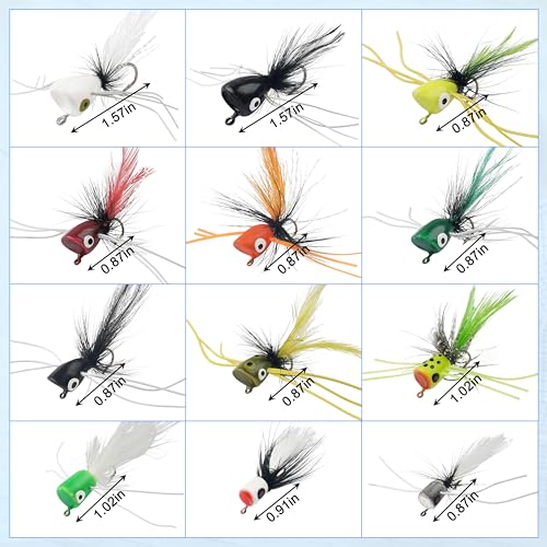 Fly Fishing Poppers Kit- 12pcs Fly Fishing Dry Flies Topwater Fishing Lures Bass Popper Flies Bugs Lures Panfish Bait Fly Trout Bobber Flies Kit for Bass Trout Crappie Panfish Bluegill Salmon