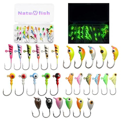 Natufish Glow Ice Fishing Jigs | Winter Ice Fishing Lures Set | Micro Jig Head for Pike, Panfish, Crappie, Perch, Walleye, Trout, Bluegill - with Storage Box - color: 28pcs