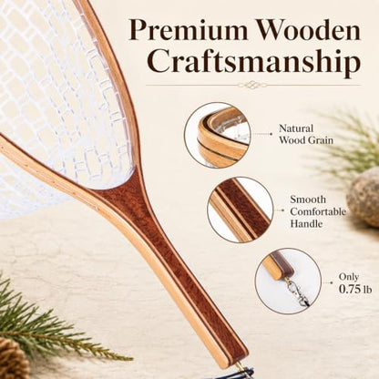 Wooden Fly Fishing Landing Net with Clear Soft Rubber Netting, Floating Trout Net, Magnetic Quick Release Buckle, Anti-Loss Rope, 10.4 x 15 in Hoop, 23.6 in Length, 0.75 lb
