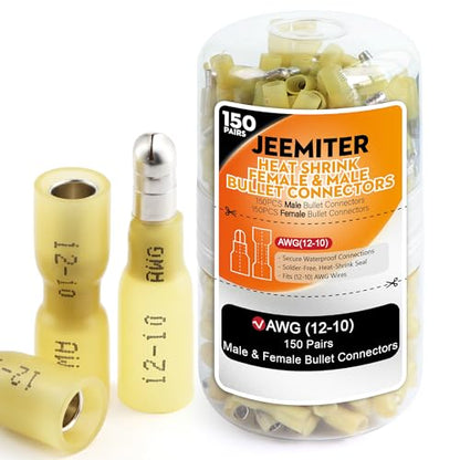 Jeemiter 300PCS Heat Shrink Bullet Connectors - 12-10 AWG Male & Female Electrical Terminals Kit - Waterproof Butt Connectors for Automotive, Marine, Battery & Wiring in Dual-Neck Bottle (Yellow) - size: AWG12-10